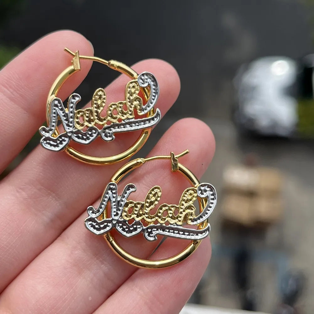 DUOYING Custom Name Hoop Earring Personalized 25mm Nameplate Double Color Earring With Heart Jewelry For Kids