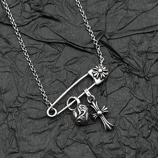 S925 Sterling Silver, Retro and Old Peach Heart Cross Pin Necklace, European and American Men's and Women's Personalities