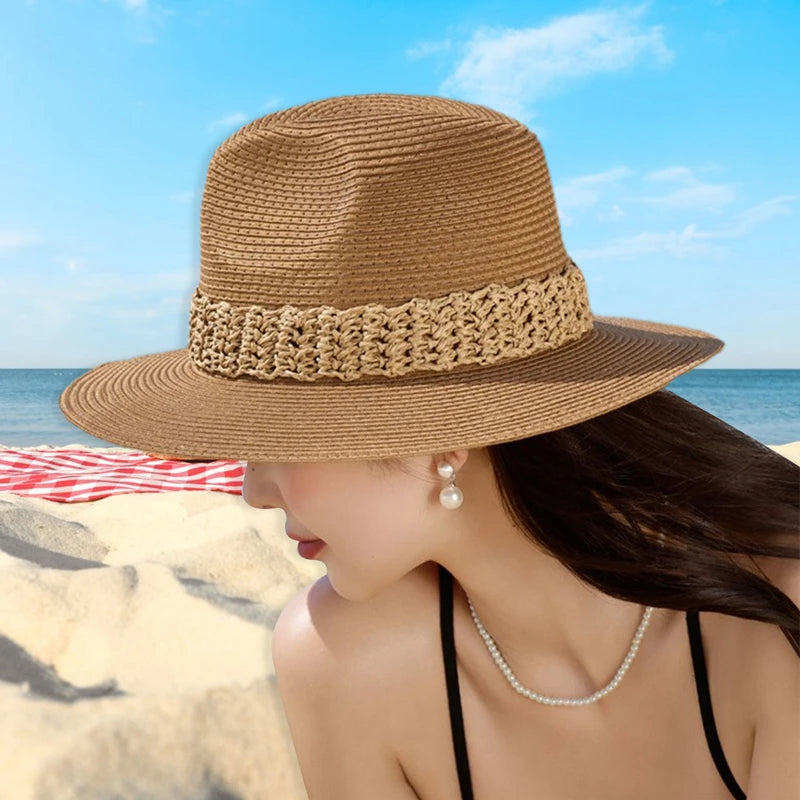 Women Wide Brim Sun Hat with Bowknot Ribbon Summer Beach Straw Hat Foldable Floppy Fedora Hat for Vacation Travel Party Clothes