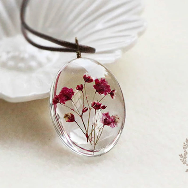 Handmade Dried Flower Necklace Red Blue Pink Flowers Pendant Leather Chain Necklaces For Women Bohemian Jewelry