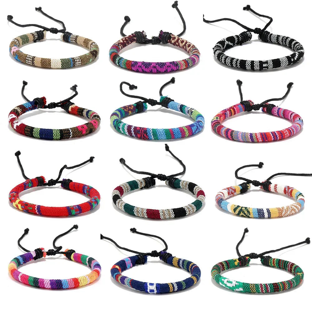 12Pcs Nepal Ethnic Colorful Bracelet Set For Women Bohemia Fabric Braided Rope Wristbands Men Bangle Fashion Summer Jewelry