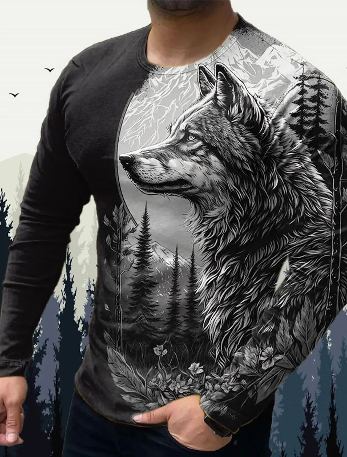 Men's T shirt Tee Animal Wolf Crew Neck Clothing Apparel 3D Print Outdoor Halloween Long Sleeve Print Vintage Fashion Designer