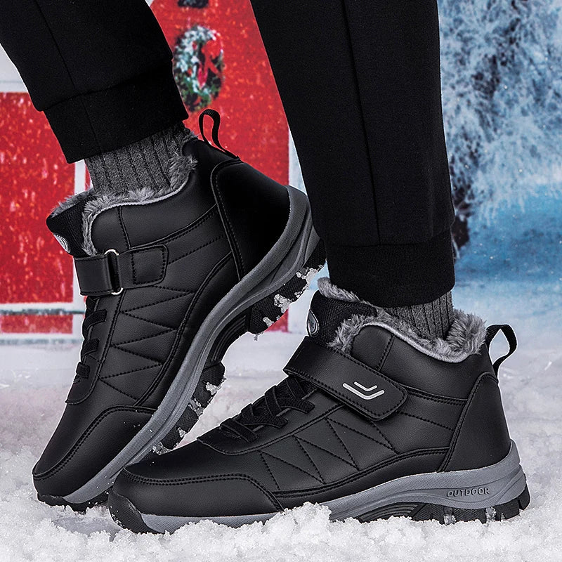 Winter Men Boots Leather Waterproof Outdoor Non-slip Hiking Shoes Unisex Men Women Warm Plush Ankle Boot Big Size 47 48