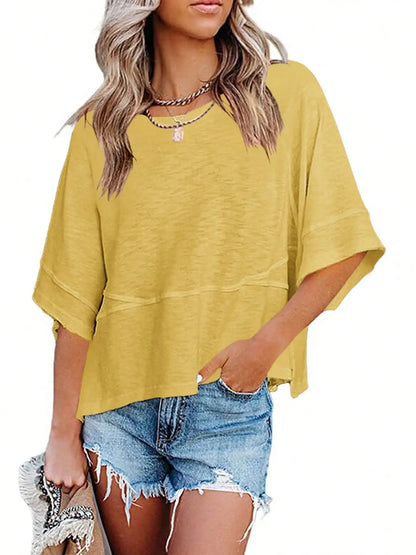 Women's Summer New Crewneck Batwing Half Sleeve Tops Solid Color Loose Fit Cute Flowy Tee Shirts Casual Dressy Cropped Blouse