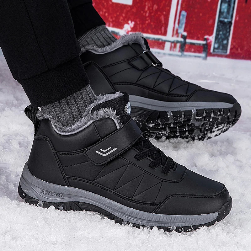 Winter Men Boots Leather Waterproof Outdoor Non-slip Hiking Shoes Unisex Men Women Warm Plush Ankle Boot Big Size 47 48
