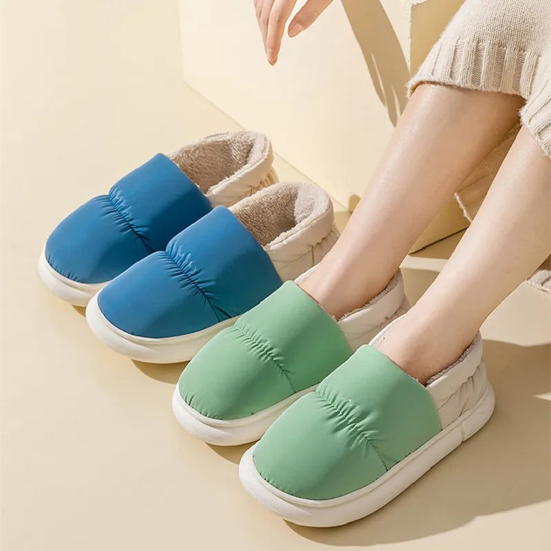 Big Size 48 49 Winter Warm Slippers Men Down Waterproof Soft Bottom Home Shoes Plush Women Indoor House Couples Anti Slip Slides