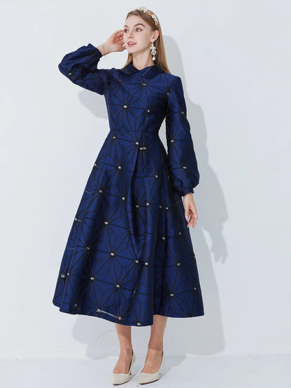 Navy Geometric Jacquard Dress with Puff Sleeves Fitted Waist and Flared Hem — Light Luxury Banquet or Wedding Gown