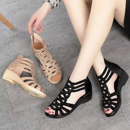 Real Soft Leather Roman Sandals Women's Chunky Heel Mom Shoes Fashion Outerwear Women's Sandals Wedge Women's Shoes 2023