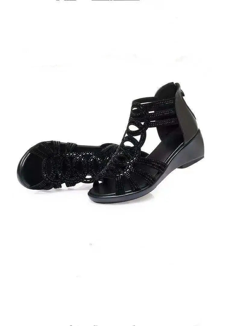 Real Soft Leather Roman Sandals Women's Chunky Heel Mom Shoes Fashion Outerwear Women's Sandals Wedge Women's Shoes 2023