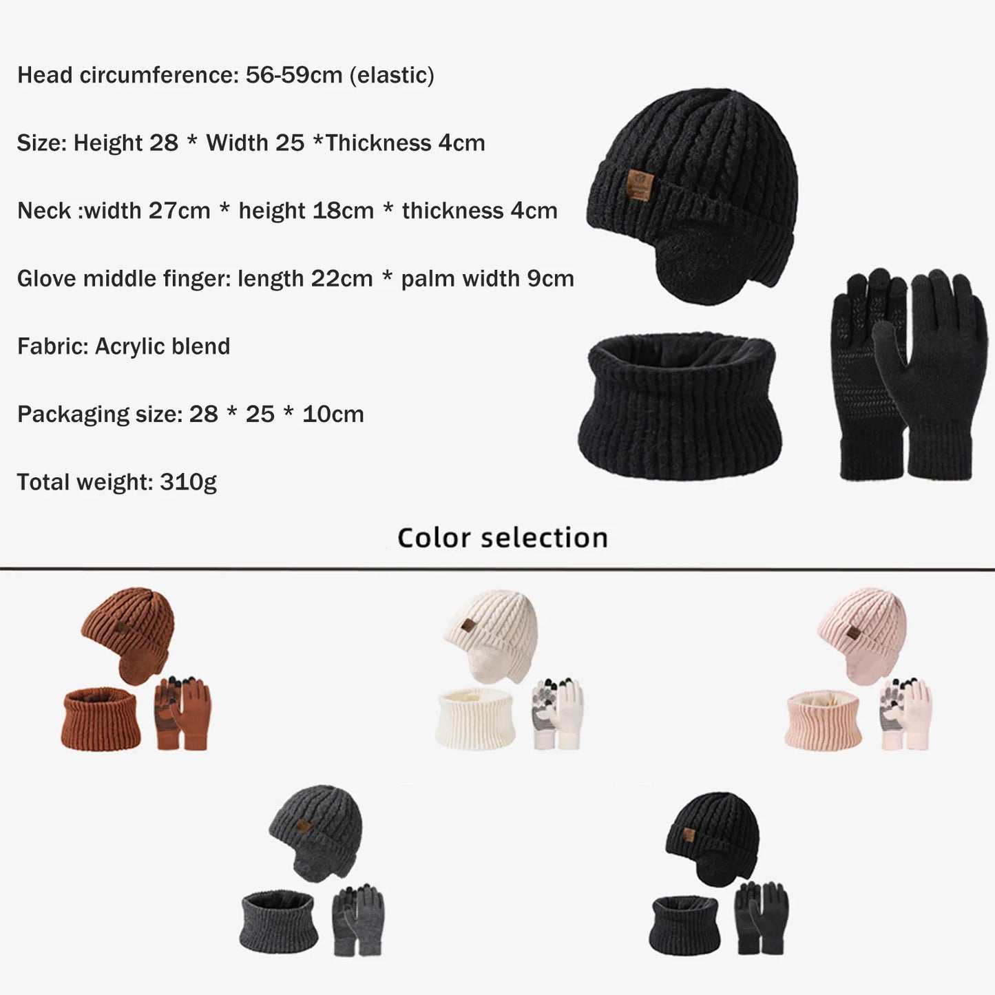 Winter Hat Glove Scarf Sets Knit Slouchy Beanie Hat Neck Warmer Screen-Touch Texting Gloves for Snow Cold Weather