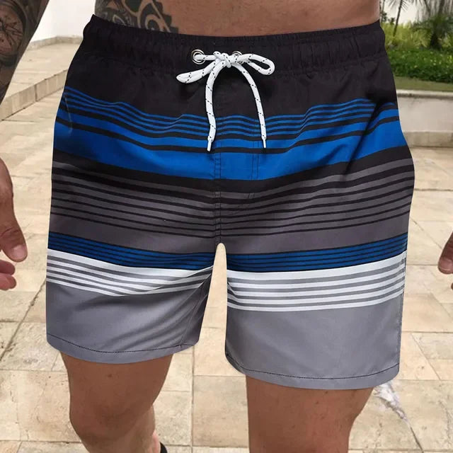 Men's board shorts Fashion striped print color contrast Swim shorts Classic drawstring swim shorts Summer surf swim suit