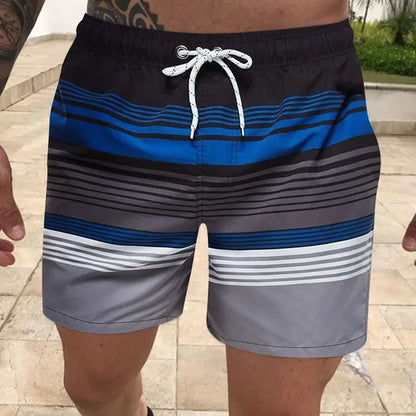 Men's board shorts Fashion striped print color contrast Swim shorts Classic drawstring swim shorts Summer surf swim suit
