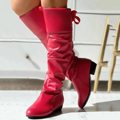 Womens Fashion Leather Shoes Bow Tie Thick Heel Long Boots Socks For Women Knee High Boots British Style 2024 Winter Flat Shoes