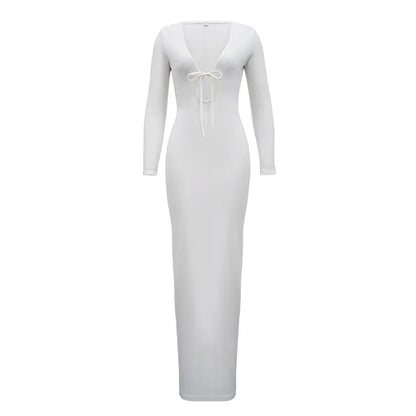 Trendy Solid Color Slim Long Dresses Women Sexy Deep V-neck Hollow Out Leace-up Package Hip Bodycon Party Dress Female Vestidos
