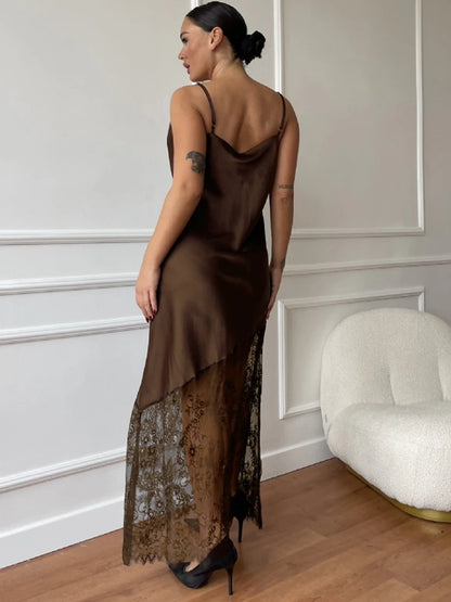 Tuularose Fashion Lace Long Dress Women's New Sexy V-Neck Lace Satin Patchwork Halter Dress Elegant Luxury Vintage Party Dresses