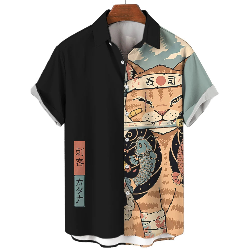 Casual Hawaiian Shirt Man Japanese Bushido 3d Pattern Shirt Men's Shirts Cartoon Animal Cat 3d Printing Men's Shirt Men Clothing