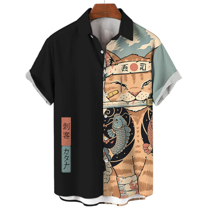 Casual Hawaiian Shirt Man Japanese Bushido 3d Pattern Shirt Men's Shirts Cartoon Animal Cat 3d Printing Men's Shirt Men Clothing