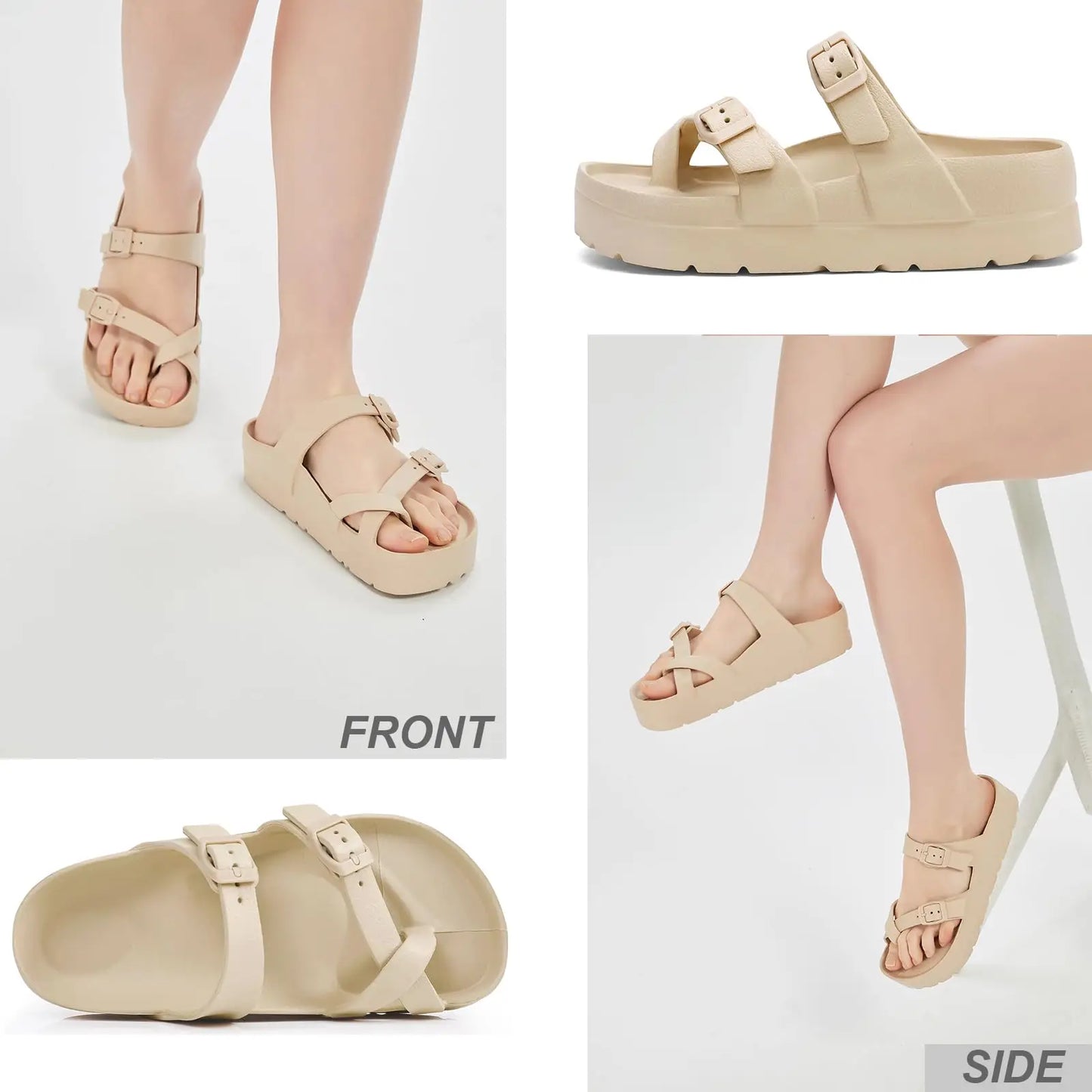 Bebealy Fashion Sandals for Women and Men Pillow Slippers Double Buckle Sandals Adjustable Slides EVA Flat Sandals Beach Sandals