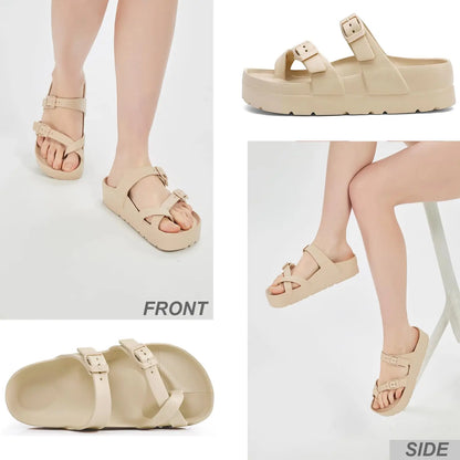 Bebealy Fashion Sandals for Women and Men Pillow Slippers Double Buckle Sandals Adjustable Slides EVA Flat Sandals Beach Sandals