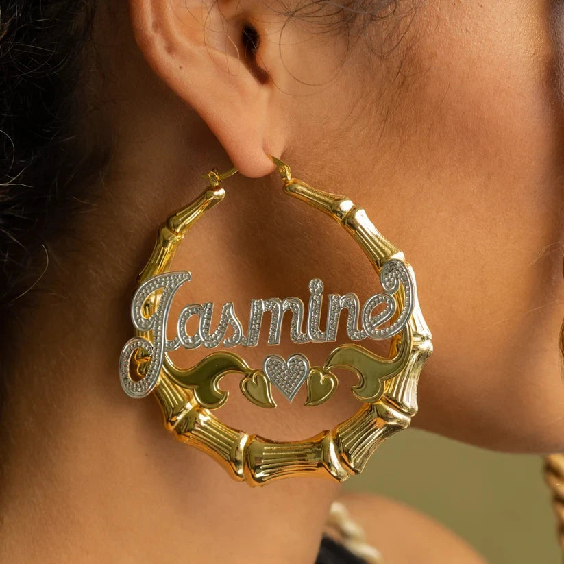 18K Gold Plated Earrings With Heart Two Tone Bamboo Earring Customized Name Hoop Earrings For Women Hip Hop Personalised Jewelry