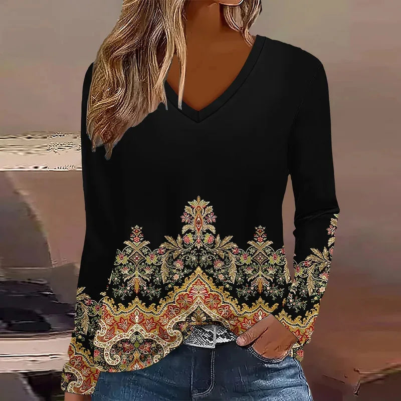 Summer new fashion 2025 women's casual long-sleeved printed T-shirt