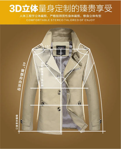 Men's Spring and Autumn New Fashion Casual Cotton Trench Coat, Solid Color Lapel Single-breasted Mid-long Splicing Trench Coat