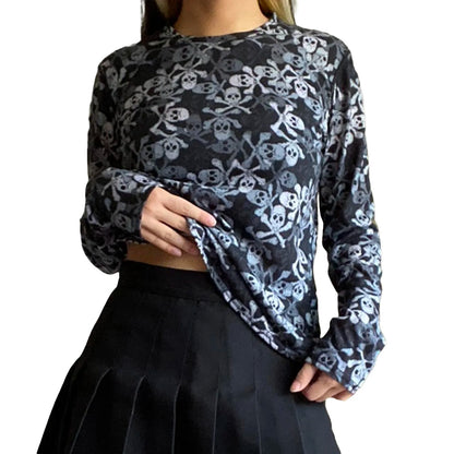Women s Vintage Gothic Skull Print Long Sleeve Round Neck  Fit T-Shirts Streetwear Blouses with a Dark Twist