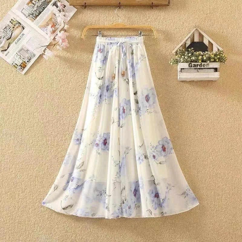 Elegant Chiffon Long Skirts For Women Autumn Casual Women's Floral Print Maxi Skirt Female High Waist Elastic A-Line Skirts