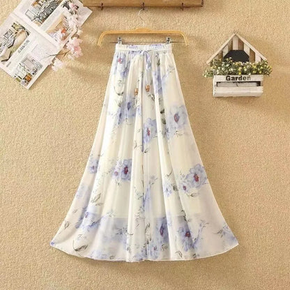 Elegant Chiffon Long Skirts For Women Autumn Casual Women's Floral Print Maxi Skirt Female High Waist Elastic A-Line Skirts