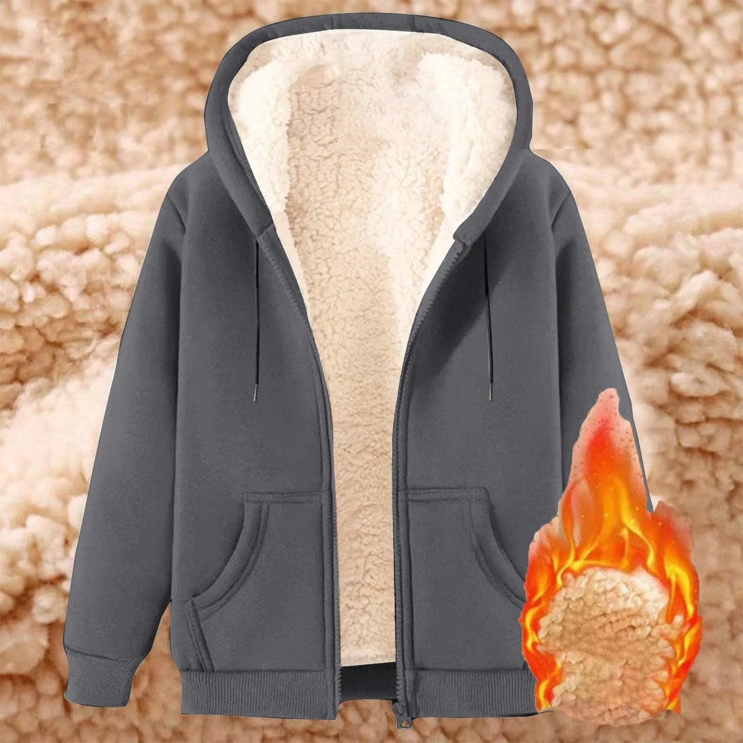 Women Solid Color Fleece Thickened Hoodies Large Size M-5XL Zip Up Warm Lined Thermal Sweatshirt Fall Winter Hooded With Pockets