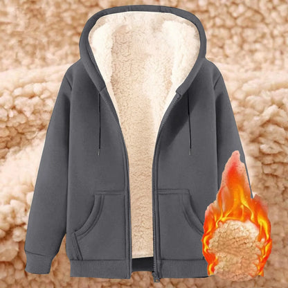 Women Solid Color Fleece Thickened Hoodies Large Size M-5XL Zip Up Warm Lined Thermal Sweatshirt Fall Winter Hooded With Pockets