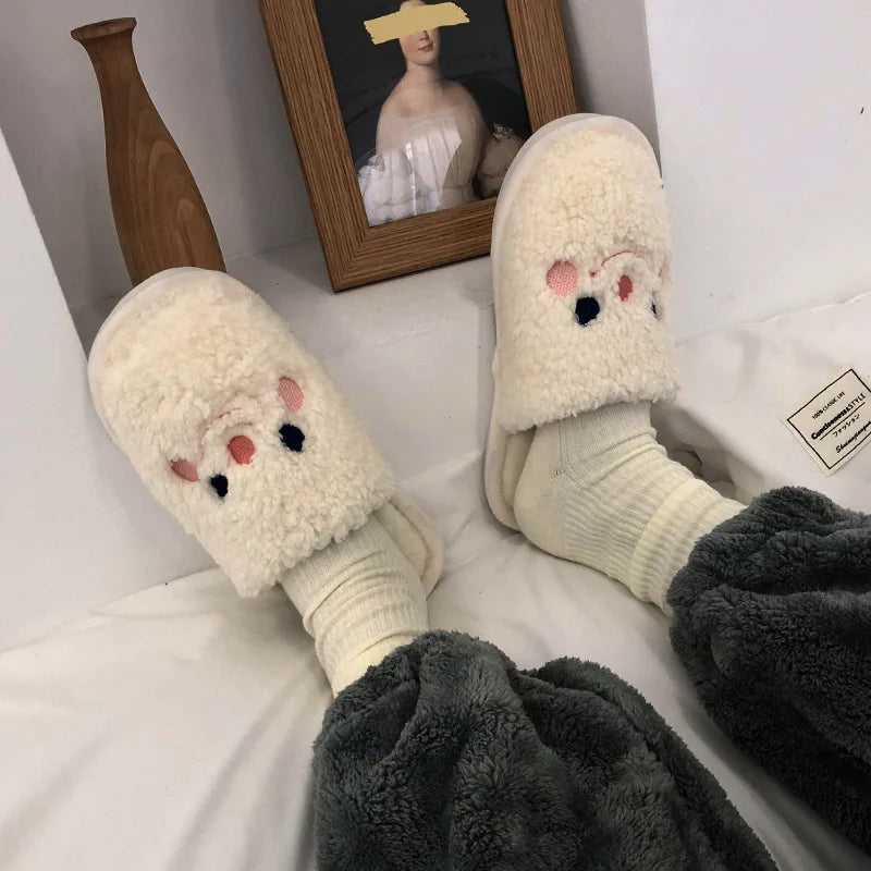 Gacimy Winter Warm Cotton Slippers For Women Comfortable Cute Dog Furry Shoes Couple Indoor Soft Platform Bedroom Plush Slippers