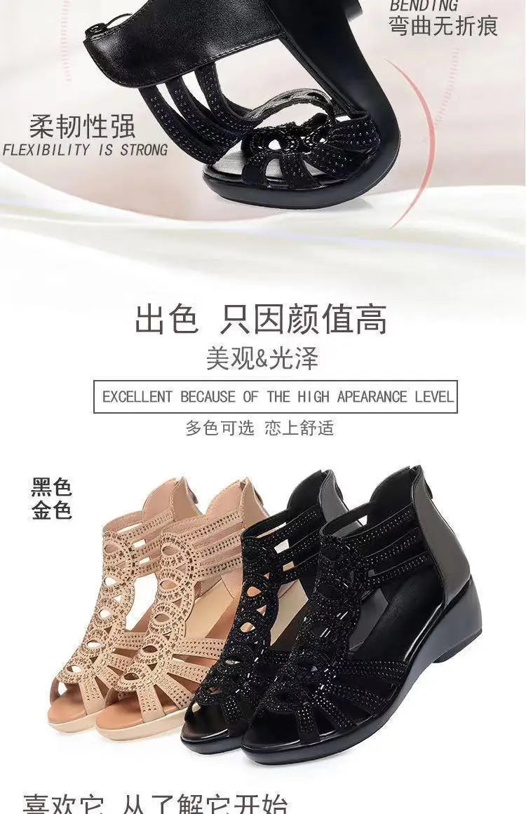 Real Soft Leather Roman Sandals Women's Chunky Heel Mom Shoes Fashion Outerwear Women's Sandals Wedge Women's Shoes 2023