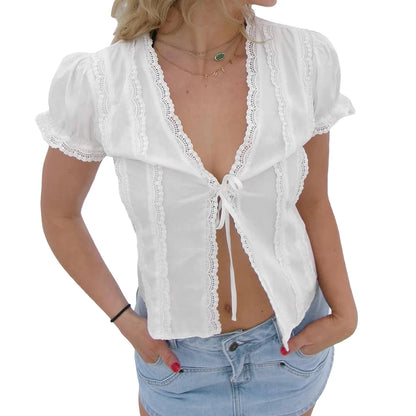 Women s Lace Patchwork V Neck Tie-up Front T-Shirts with Short Sleeves and Scalloped Hem - Stylish Tops for Summer