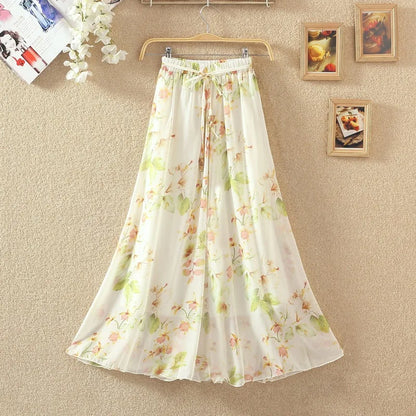Elegant Chiffon Long Skirts For Women Autumn Casual Women's Floral Print Maxi Skirt Female High Waist Elastic A-Line Skirts