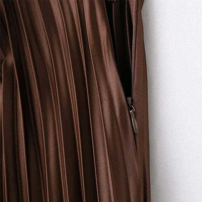 TRAF Elegant Party Midi Skirts 2025 Women's Spring Mid Waist Pleated Skirts Fashion Casual Vintage Beige Brown Long Skirts