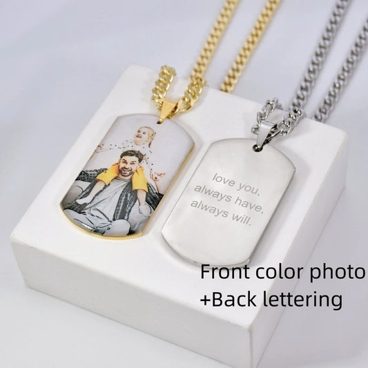 Men Stainless Custom Photo Necklace Colorful Engraved Text Picture Pendant Personalized Tag Kids Family Memorial Father's Gift