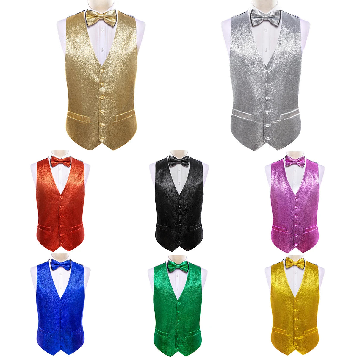 Mens Vest Gold Silver Black Red Pink Blue Green Yellow Solid Solid V-Neck Waistcoat Bowtie Set Barry Wang