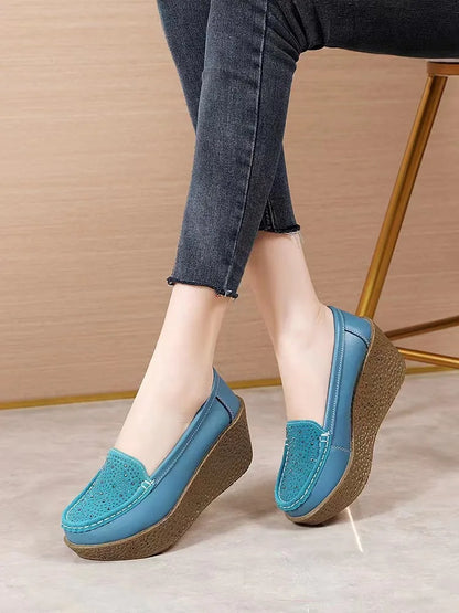 2025 Women Loafers Casual Wedges Shoes Slip on Platform Women's Middle-aged Mom Shoes Pu Leather Solid Moccasins Flats for Women