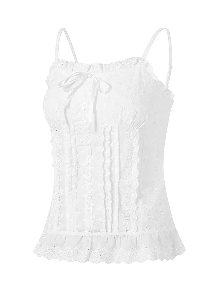 Women Lace White Corset Tank Tops Spaghetti Strap Sleeveless Camisole Tops Y2K Aesthetic Casual Summer Vest Shirts Female