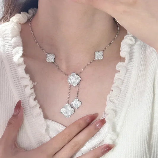 MDL Seiko light1luxury full diamond four-leaf flower set long necklace super fairy tassel earrings small fragrant wind bracelet