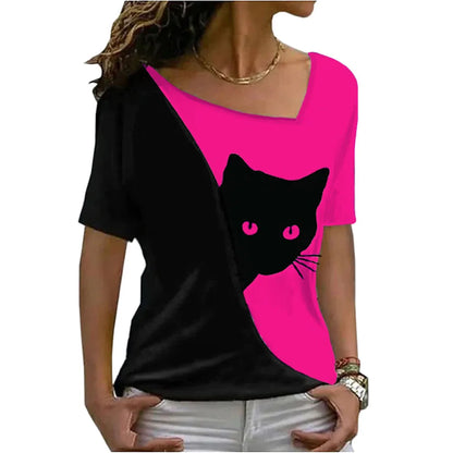 2023 summer women clothes blouse new style inclined collar black cat print short sleeve T-shirt women