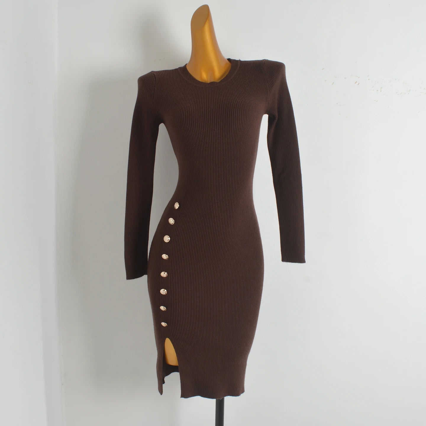 Spring Autumn Knitted Elastic Waist Dress Coat Design Button round Neck Bodycon Skirt Casual Style Long Sleeve Women's Dress