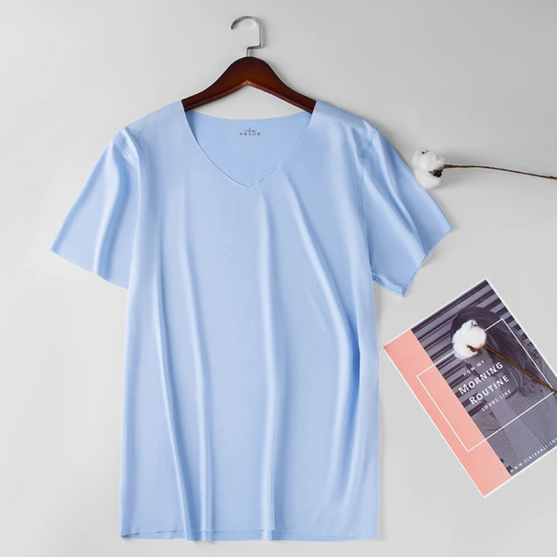 2024 Men's Thin Short Sleeve Without Summer Solid Color T shirt Trace Slim V-neck Bottoming Seamless short sleeve