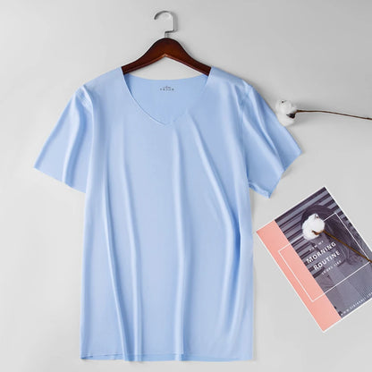 2024 Men's Thin Short Sleeve Without Summer Solid Color T shirt Trace Slim V-neck Bottoming Seamless short sleeve