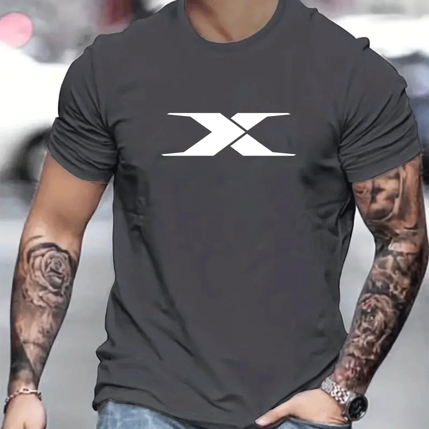 Summer men's 100% cotton casual loose fit large X letter print round neck short sleeved T-shirt top High Street Unisex style