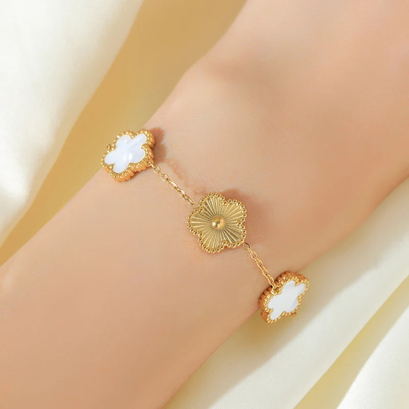 Stainless Steel White Plum Blossom Plant Leaf Flower Set Reversible Necklace Earrings Bracelet Women Clover Jewelry