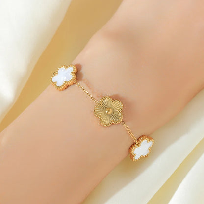 Stainless Steel White Plum Blossom Plant Leaf Flower Set Reversible Necklace Earrings Bracelet Women Clover Jewelry