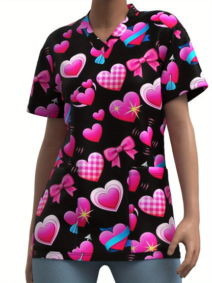 Nurse Uniform Woman Heart Bow Print Casual V Neck Health Care Medico Tops Micro-Elastic Short-SleeveClinical Uniform Clothing
