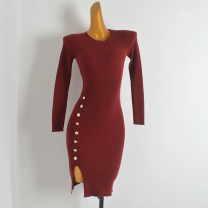Spring Autumn Knitted Elastic Waist Dress Coat Design Button round Neck Bodycon Skirt Casual Style Long Sleeve Women's Dress